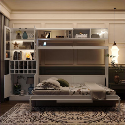 Lit escamotable double avec tablettes USB et lumière - Contreplaqué en lin aggloméré gris / blanc pour les petits espaces