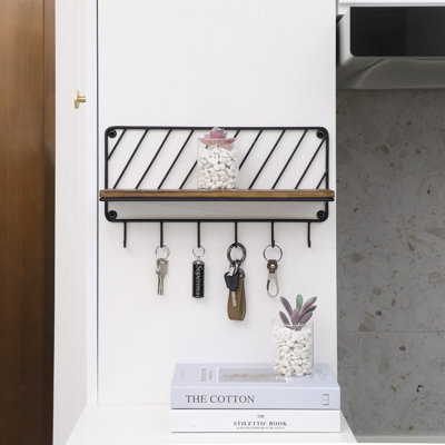 Decorative Urban Wall Floating Shelf with 6 Hooks