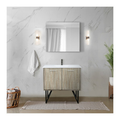 Ensemble de meuble-lavabo rustique en acacia l 36 po x P 20 po, plateau en marbre de culture, robinet chromé et miroir 28 po