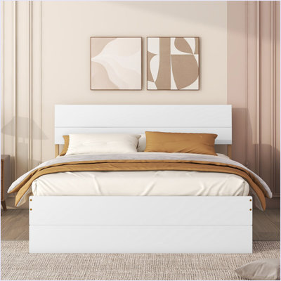 Modern Full Bed Frame With Twin Size Trundle And 2 Drawers