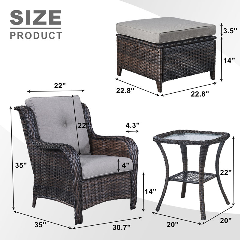 Schutt Wicker 2 - Person Patio Conversation Set with Cushions, Gray, Brown