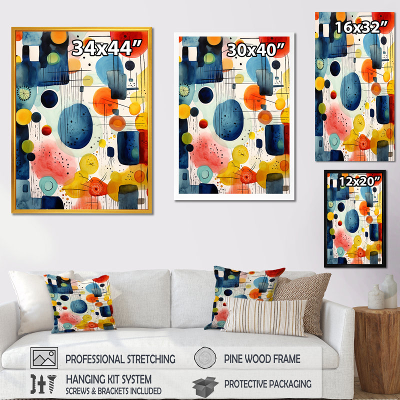 Coloré géométrique Mid Century Shapes 2 - art mural géométrique, Cadre doré simple, H 20 po x l 12 po x P 1 po