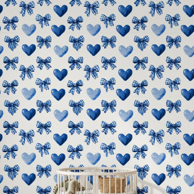 Papier peint aquarelle, ruban bleu et vichy, décoration murale amovible