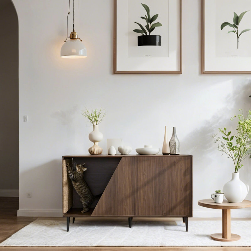 Table d'appoint style Mid-Century en noyer avec rangement à ressort