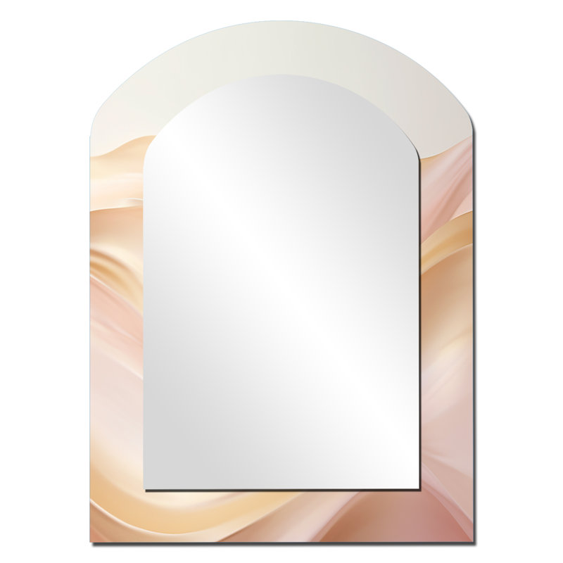 Or et rose Soft Wave Fusion I - formes abstraites, miroir mural asymétrique, miroir décoratif arche moderne, impression d'art en métal