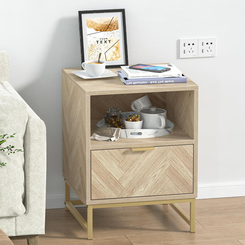 Modern Wood Nightstand Accent Sofa Table Farmhouse Style Bedside Table with Drawer and Open Shelf