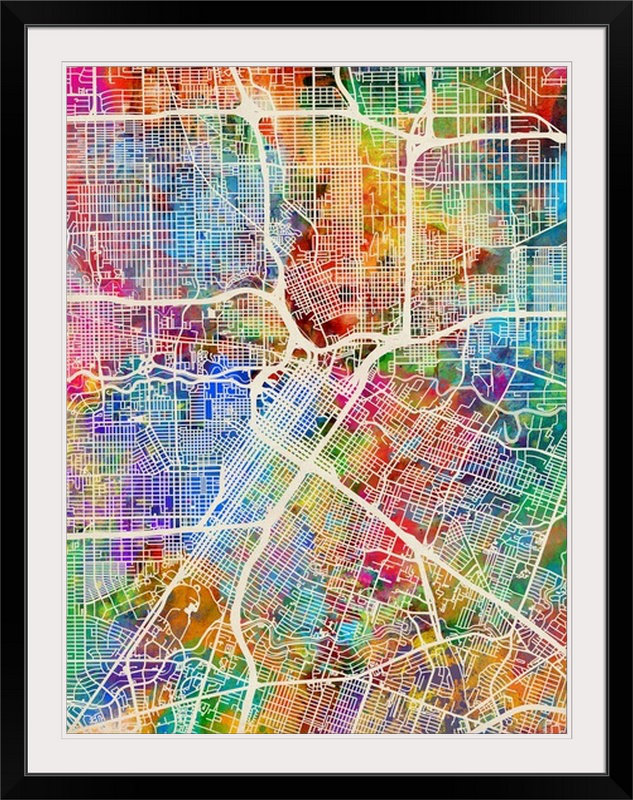 «Houston Texas City Street Map» par Francy, impression d'art graphique, l 44 po x P 35 po x H 1 po, Cadre noir