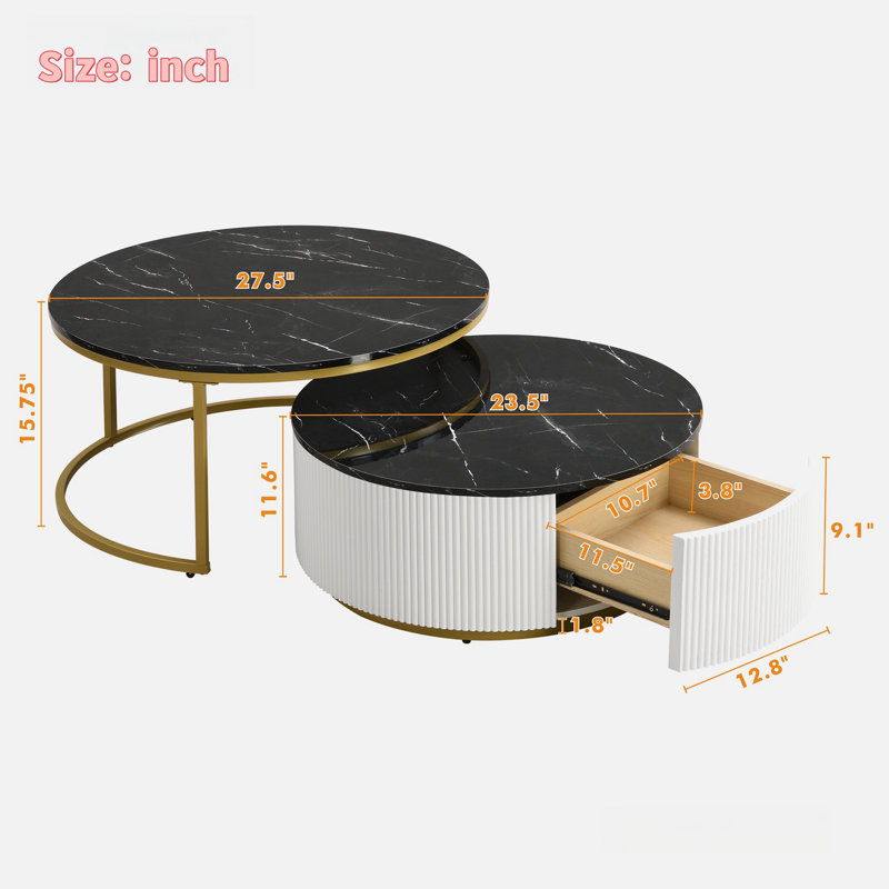 Table basse gigogne moderne avec motif cannelé, 1 tiroir et pieds en métal, Noir