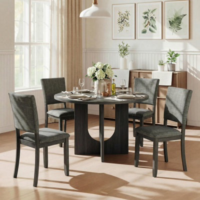 5-Piece Dining Table Set With 4 Upholstered Chairs & 47.3" Round Solid Wood Table Top