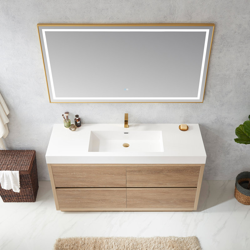 Beira 59.8'' Single Bathroom Vanity with Composite Top, North American Oak, White