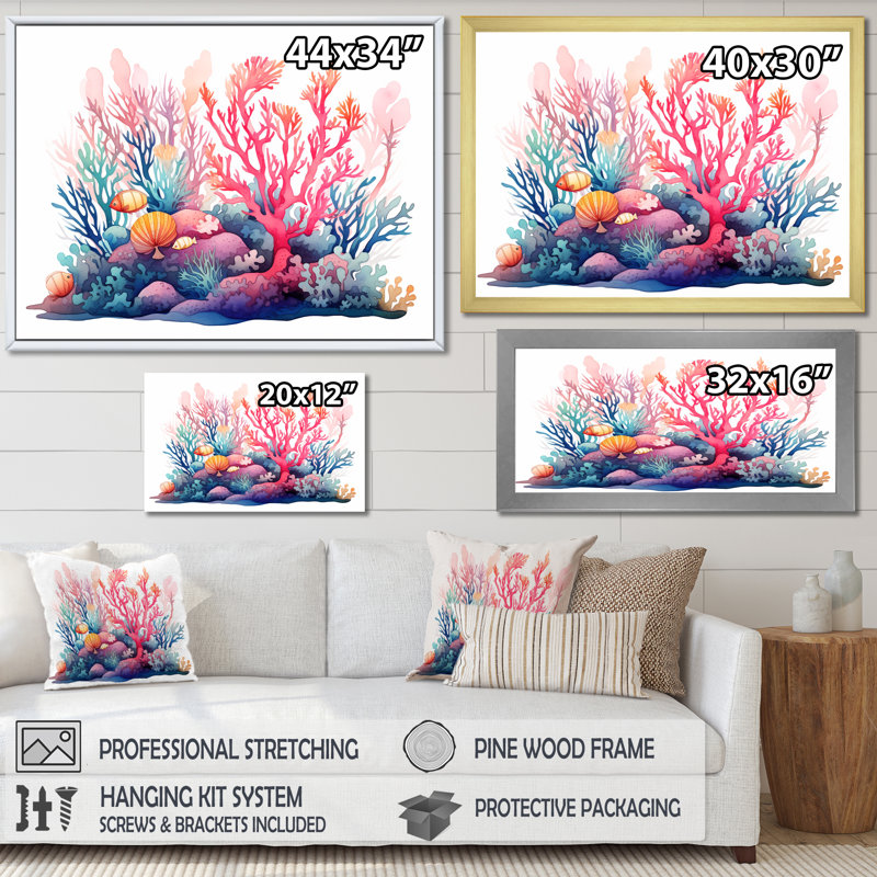 Coastal Coral In Watercolor III - Coastal Coral Under Water, art mural, H 24 po x l 32 po x P 1 po, Cadre flottant brun