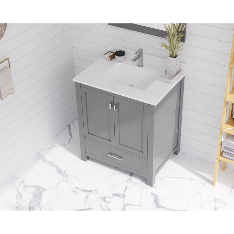 Mariário 30'' Single Bathroom Vanity with Solid Surface Top, Gray, White Quartz