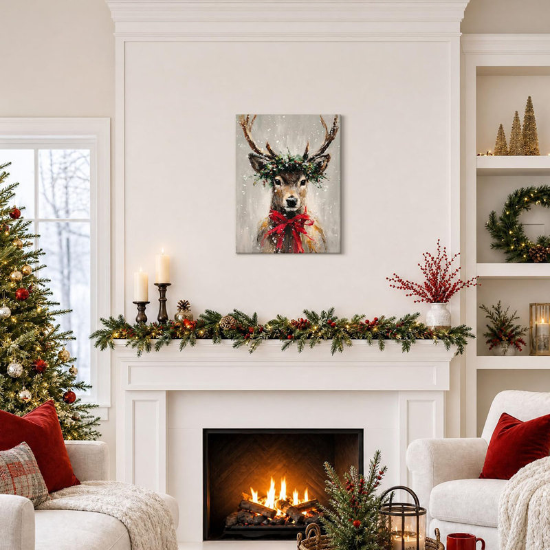 Framed Christmas Winter Reindeer Canvas Wall Art Print 12x16 in