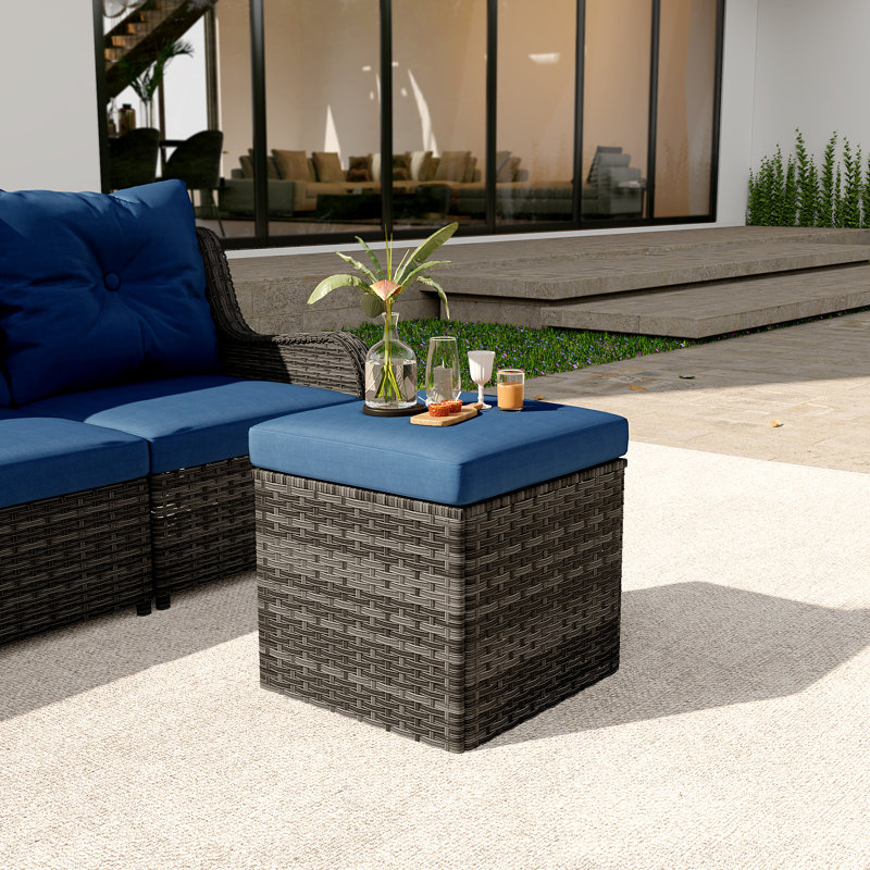 Élégant repose-pieds de patio extérieur en osier PE, Gris, Marine