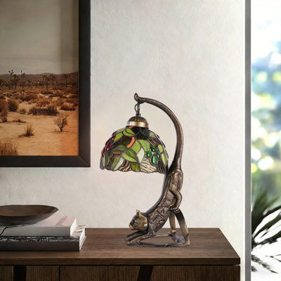 Lampe de table chat antique en bronze avec abat-jour en verre coloré