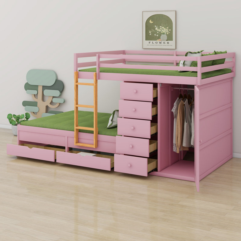 Lit superposé en bois avec petite armoire et 2 grands 5 petits tiroirs de rangement, Rose Sakura