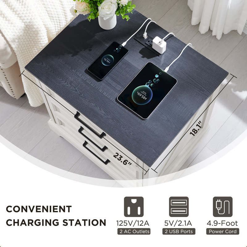 Farmhouse 23.6'' W Nightstand With Charging Station, Wood End Table With 3 Large Drawers & Wide Bar Handles, White/Black