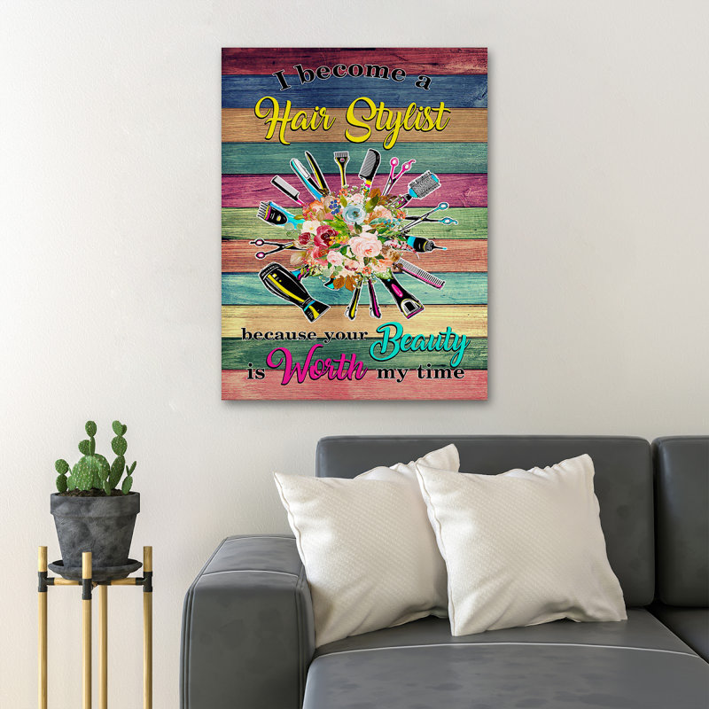Outils de coupe de cheveux sur fond coloré - Art texturé sur toile tendue, H 14 po x l 11 po x P 2 po