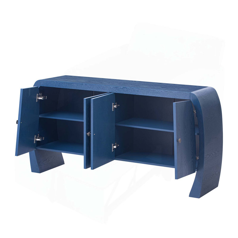 Four-Door Ash Veneer Storage Cabinet with Curved Legs for Various Rooms, Navy Blue