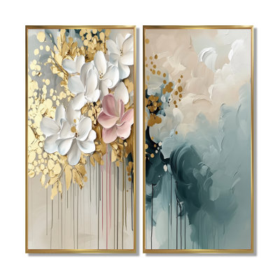 «Gold Floral Brushstroke», reproduction d'art sur toile, ensemble de 2 décorations murales florales dorées