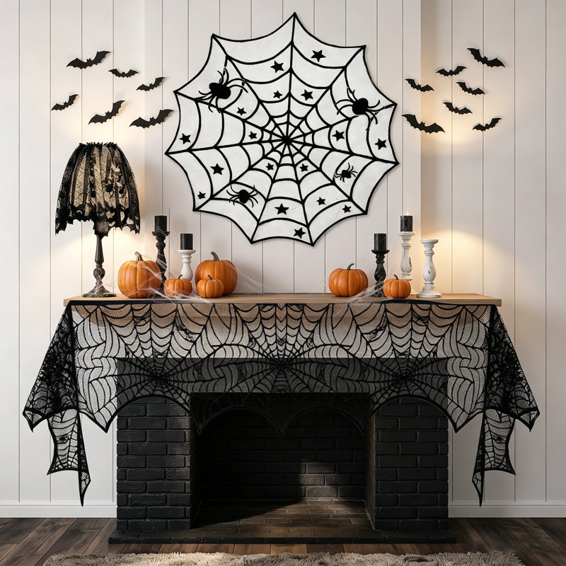 Ensemble de décoration de table en dentelle toile d'araignée pour l'Halloween, ensemble de décoration gothique 5 pièces comprenant un chemin de table, une nappe pour foyer, une nappe ronde, un abat-jour et des chauves-souris 3D.