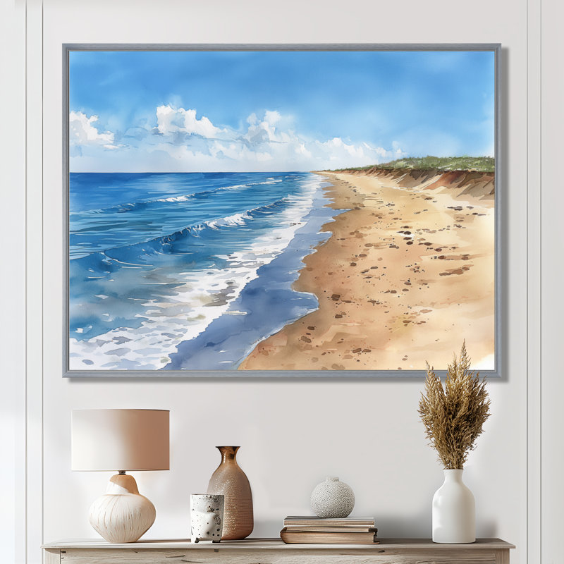 Côtes italiennes en bord de mer - Décoration murale sur le thème de la plage, Encadrement argenté, 16" H x 32" W