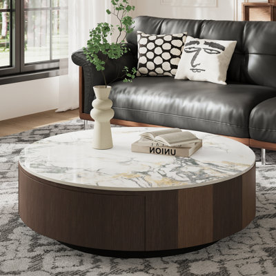 35'' Round Coffee Table for Living Room, Marble Coffee Table with Drawer, No Assembly