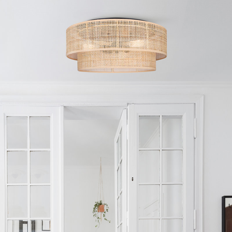 BELLAMY 19 In. 3-Light 60-Watt Boho Black Flush Mount With Natural Rattan Shade, Natural