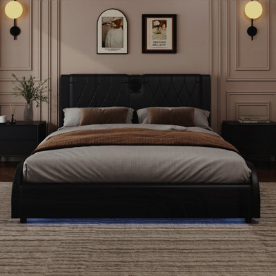 King Size Platform Bed with Thickened Headboard, No Box Spring Needed, RGB LED Light &amp; Bluetooth Speakers, Black