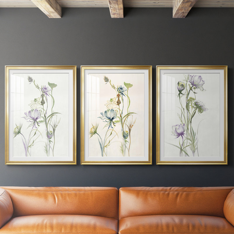 Fleurs de la fin de l'été I V30 - reproduction sur mesure encadrée de qualité supérieure - 3 pièces, H 27 po x l 39 po, Doré