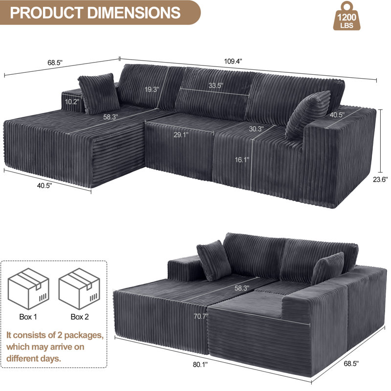 Canapé modulaire spacieux, canapé rembourré en mousse grise pour la maison