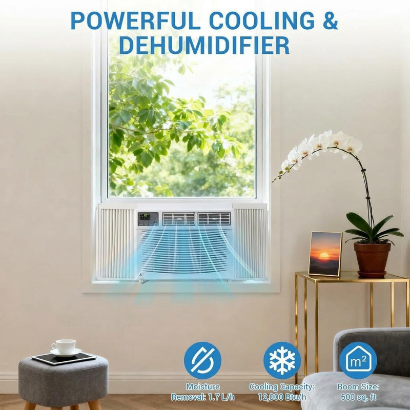 12000 BTU Smart Window Air Conditioner with WiFi, Energy Efficient Cooling AC Unit, Cools up to 600 Sq. Ft, Built-in Dehumidifier & Fan, Sleep Mode, 24H Timer, Washable Filter, Easy Install