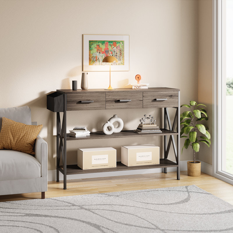 Console moderne avec 3 tiroirs, 2 tablettes, un panier de rangement et des crochets - idéale pour le vestibule ou derrière le canapé