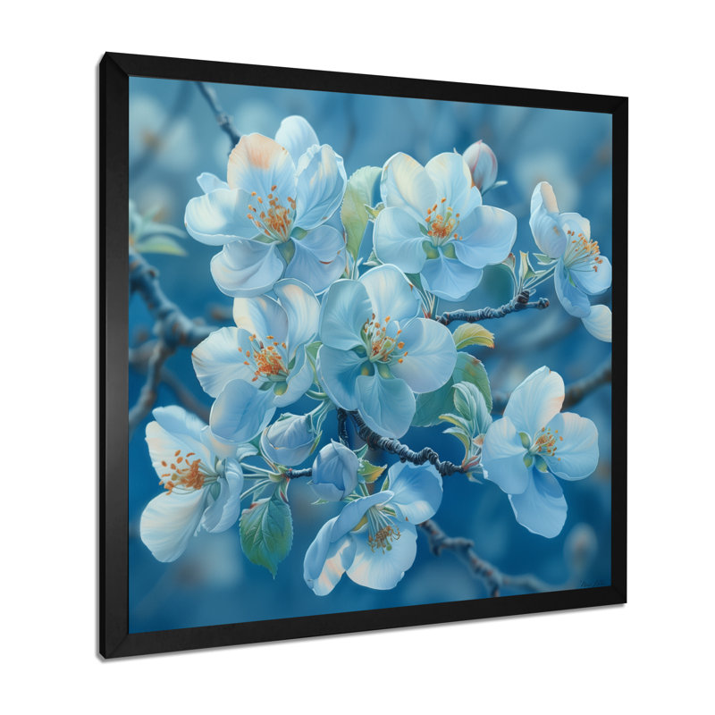 «Blue Apple Blossom Spring Breeze II», art mural fleur de pommier, H 16 po x l 16 po, Cadre simple noir