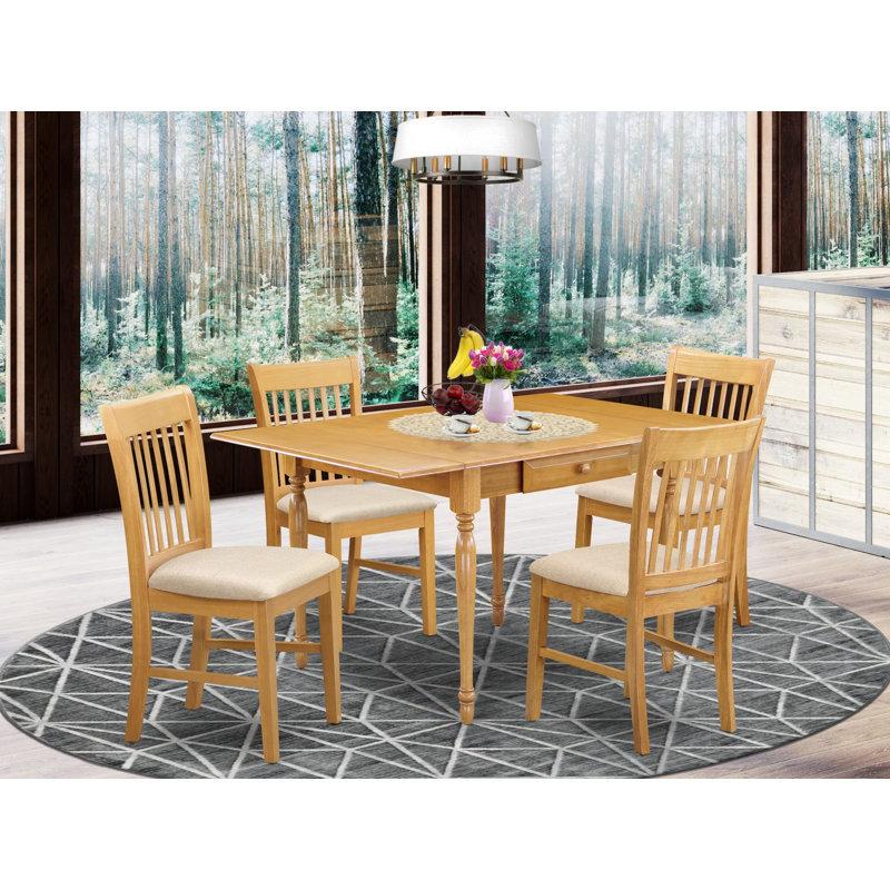 5 Piece Kitchen Table Set for 4 Includes a Rectangle Dining Room Table with Dropleaf and 4 Linen Fabric Upholstered Chairs, Oak