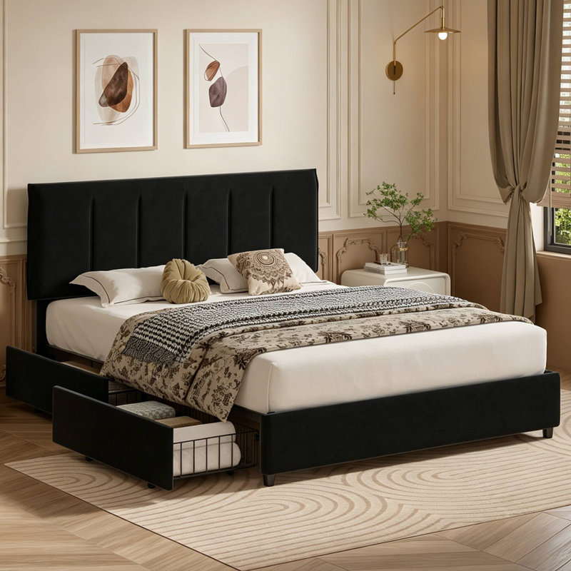  Cahlin Queen Storage Bed Frame Velvet Upholstered Platform Bed with 4 Storage Drawer, Adjustable Headboard and Wood Slat Support, Black