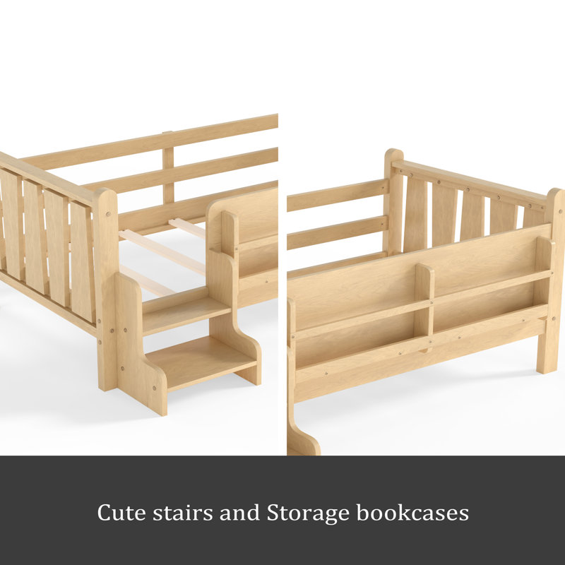 Lit pour enfants en bois massif avec de jolis escaliers et garde-corps, aucun sommier nécessaire, Lit simple, Clair naturel