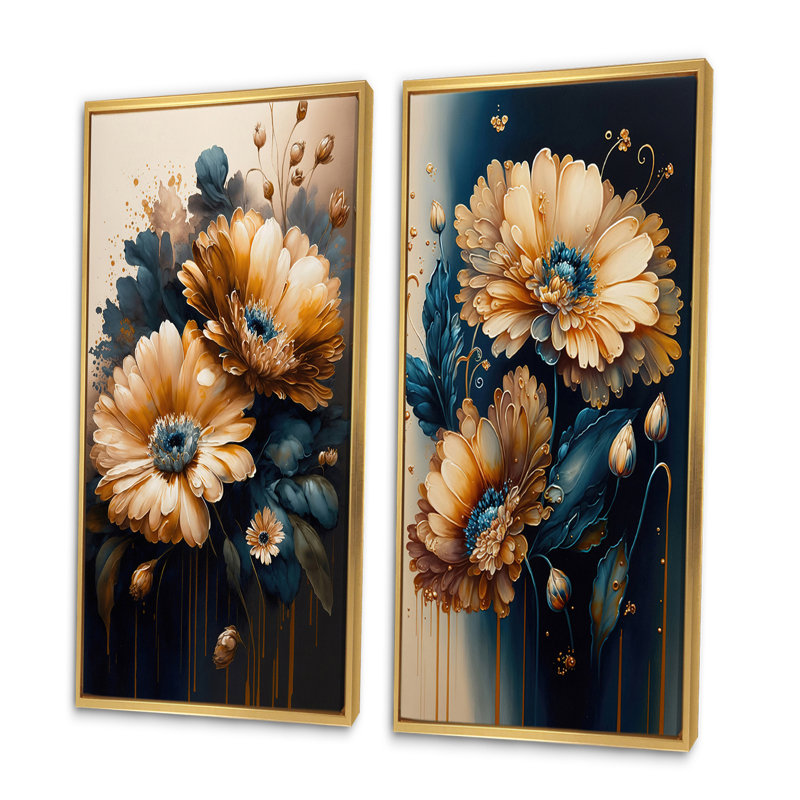 «Marguerite orange clair et bleu foncé», 2 pièces sur toile, Encadrement doré, H 40 po x l 40 po