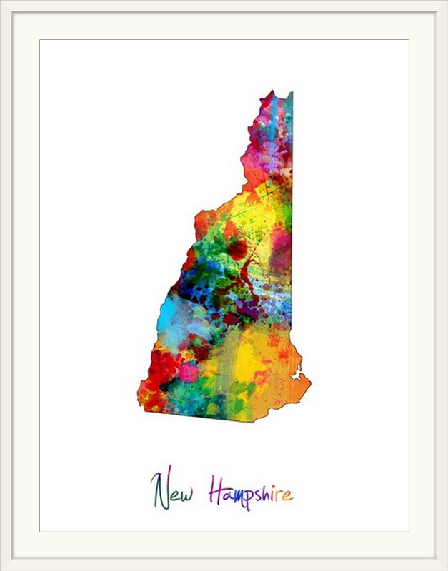 Francy «New Hampshire Map» par Abarca, impression, Cadre blanc, H 24 po x l 20 po x P 1 po