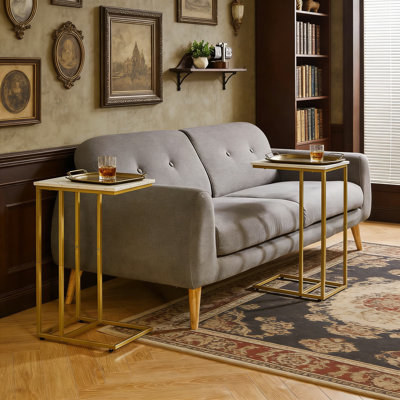 C-Shaped Side Table Set Of 2, Small End Tables For Living Room And Bedroom, Adjustable Faux Marble Top Stand With Sturdy Metal Frame