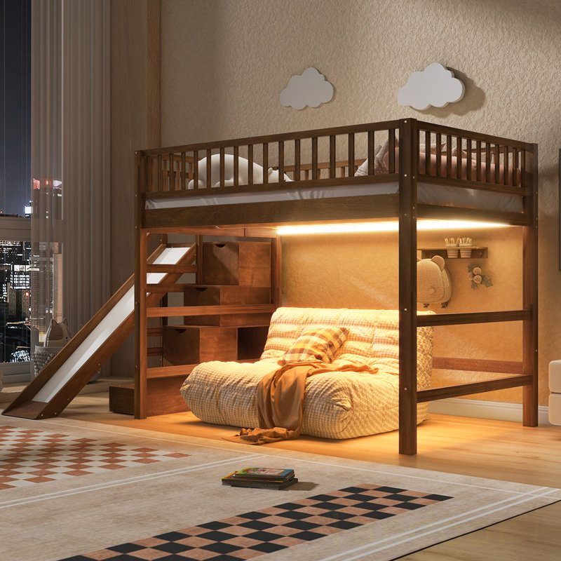 Lit mezzanine double avec escalier de rangement, glissade et lumière DEL, Walnut
