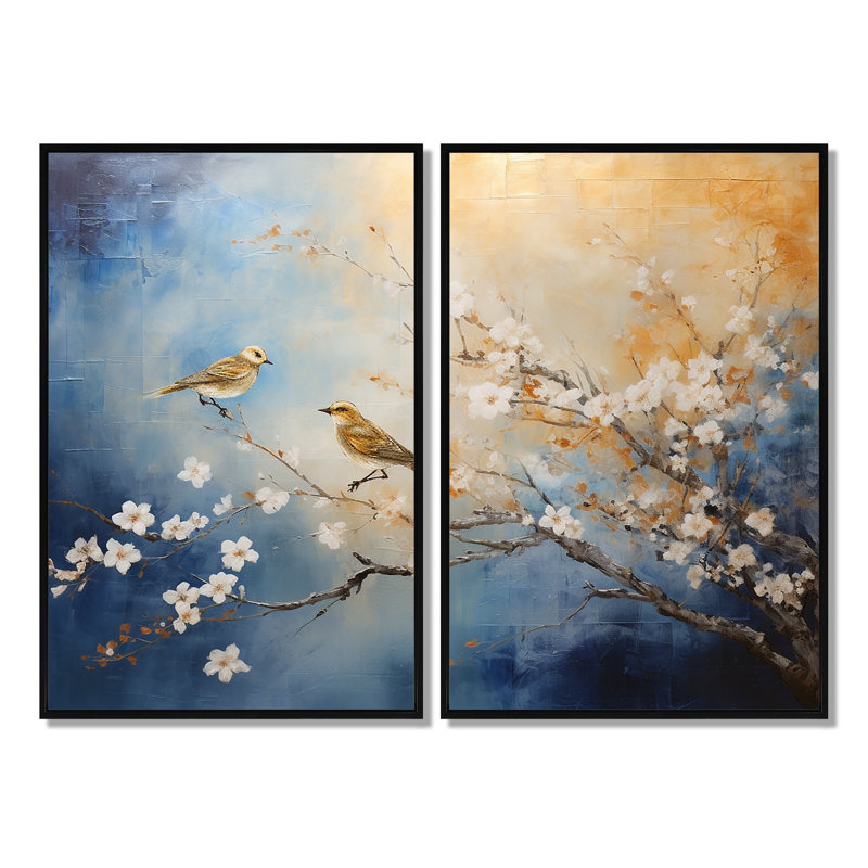 Or doré et bleu sur un arbre floral - art mural moderne, H 36 po x l 48 po, Impression encadrée flottante, Noir