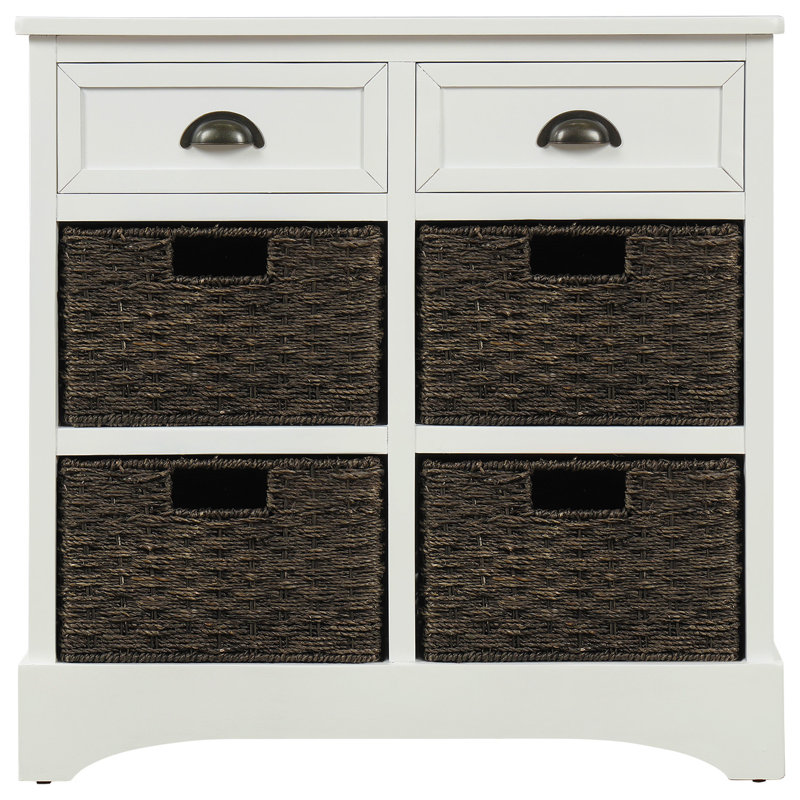 Armoire de rangement rustique avec deux tiroirs et quatre paniers en rotin classiques pour la salle à manger / salon, Blanc