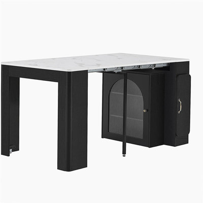 TREXM Extendable Dining Table with 3 Removable Middle Leaves, Mobile Rolling Island Table with Power Outlet, Saving-space Cabinet with Storage for Dining Room and Living Room (BLACK AND MARBLE WHITE)