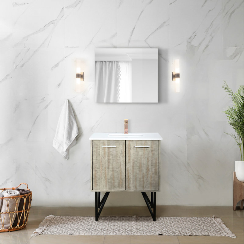 Meuble-lavabo rustique de 76 cm de large avec comptoir en marbre reconstitué de 51 cm de profondeur, robinet en or rose, miroir de 71 cm et finition anti-rayures pour une salle de bain élégante.