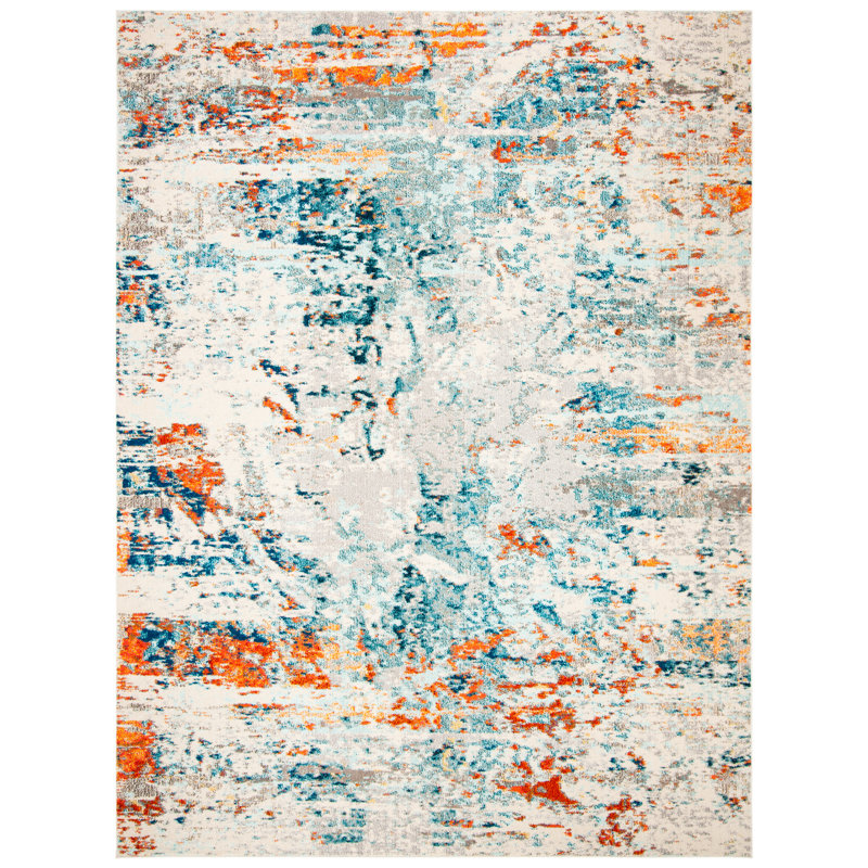 Tapis abstrait crème / orange / bleu Felty, Rectangle 8 pi x 10 pi