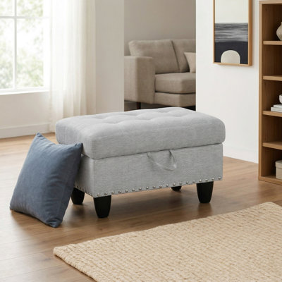 Black Faux Leather Storage Ottoman, 28.5 X 19.5 X 17.5 Inch Rectangular Foot Stool With Storage, Sturdy Upholstered Bench With Nailhead Accents For Small Spaces, Apartments & Dorms