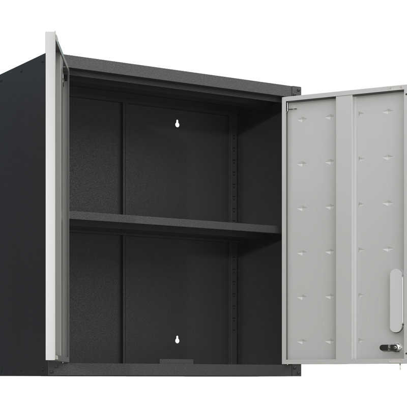 Black + Gray Metal Wall Cabinet With Lock And Adjustable Shelf For Garage, Office Setup Locking Door Garage Space