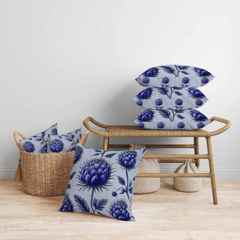 Thistle Garden Faux Suede Pillow, Blue, Square 26"
