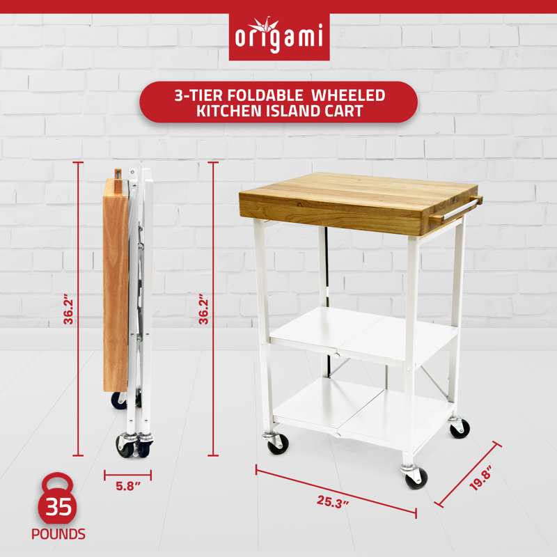 Origami Foldaway Rolling Kitchen Cart Steel Top, Stainless and White